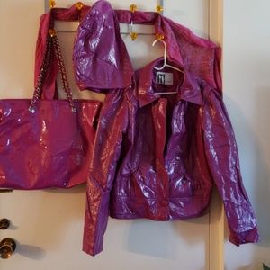 3 PC Set Purple Fuchsia Purse, Jacket w / zip Hood